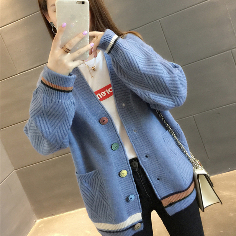 Women's Clothing Knitted Sweater V Neck All match Small Cardigan Jacket Women's Colorblock Sweater _voghion.com