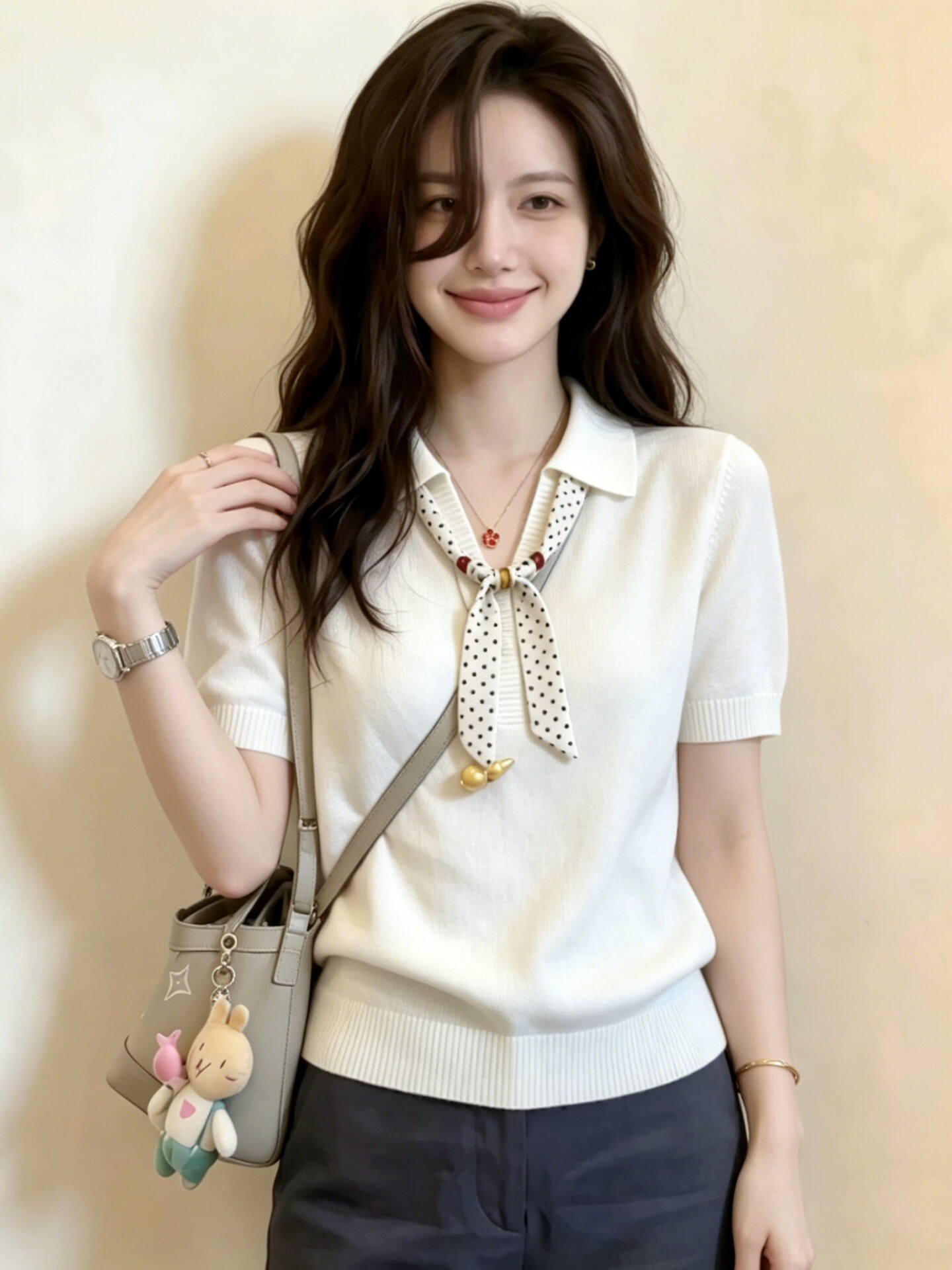 Áo thun nữ cổ Polo tay ngắn chất liệu lụa khăn thiết kế cảm giác mới — màu đen