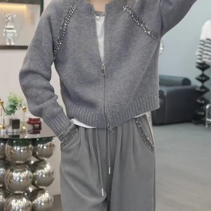 时尚烫钻针织开衫女秋冬新款韩版宽松显瘦遮肉百搭长袖毛衣小外套|undefined