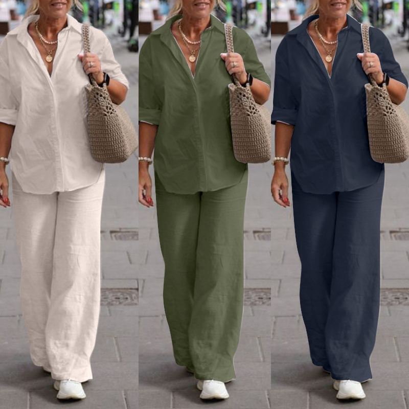 European and American Cross-Border Women's Two-Piece Set Women's 2025 Lapel Long-Sleeved Shirt Spring and Autum Casual Pure Color Pants Wide-Leg Suit