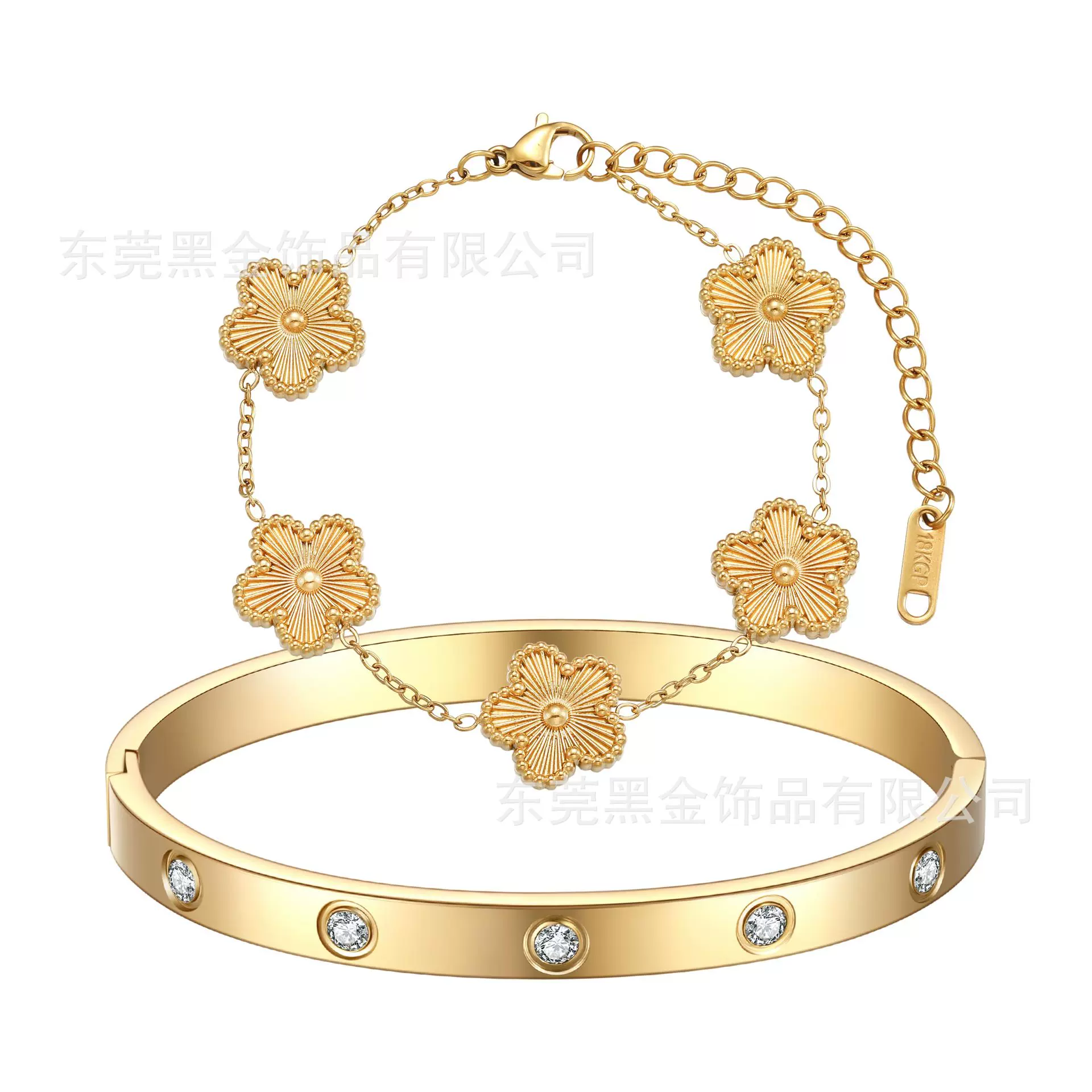 亚马逊热卖钛钢五叶花手链椭圆镶钻手镯 18K金高级不掉色手链批发