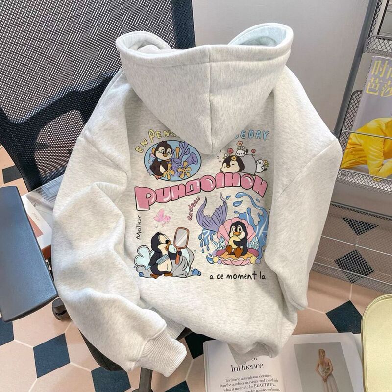 Silver Fox Velvet Korean Style Lazy Cartoon Penguin Print Hooded Sweatshirt for Men and Women Casual Autumn and Winter Ins Loose Jacket