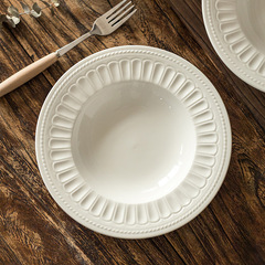 日式復古風圓形盤子浮雕創意沙拉碗餐具餐盤高級感家用陶瓷盤湯盤