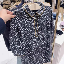 秋冬新款女大童黑藏青满印樱桃翻领长袖百搭全棉连衣裙