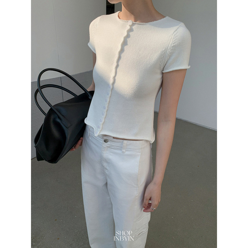Yienou Inbyin Korean-Style Slim-Fit Short Knit Cardigan for Women, Round Neck Short-Sleeve Regular Shoulder Top