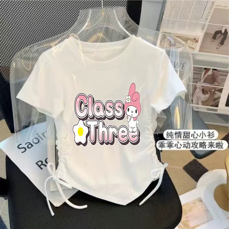 Hello kitty, шелковая летняя футболка, шнурок, с коротким рукавом, slim fit, западный стиль, для подростков