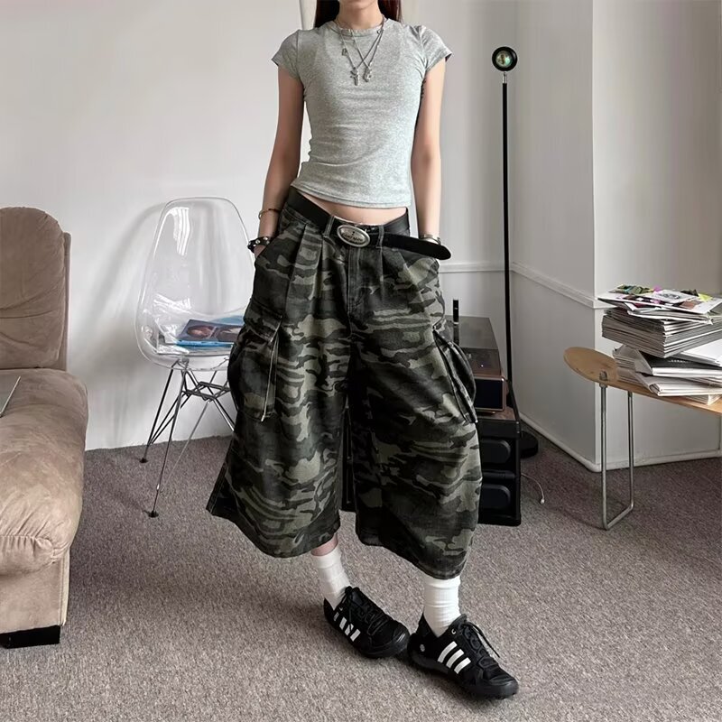 American High Street Camouflage Jeans for Men and Women, Trendy Brand Loose Fit Distressed Deconstructed Straight Work Pants, Casual Cropped Pants
