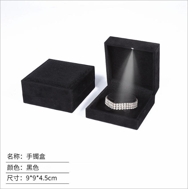 Transfronterizo de ángulo recto negro cuentas de terciopelo caja de joyas LED con lámpara colgante caja de anillo caja de joyas de oro al por mayor