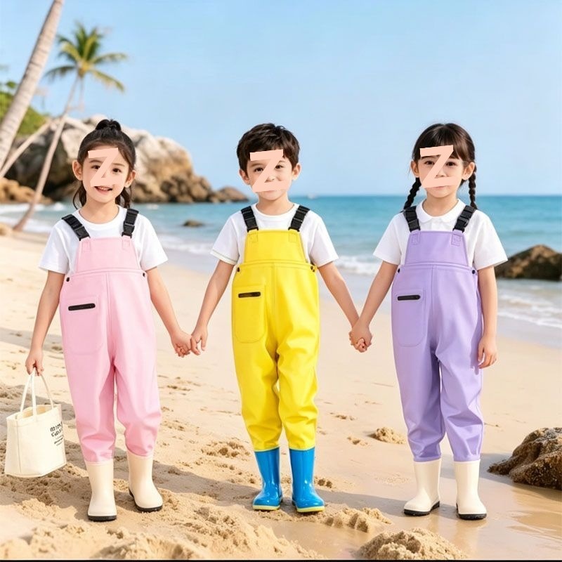 Children's water play jumpsuit, kindergarten outfit, kids' beachwear, waterproof rain pants for catching fish, rain boots for going into the water, unisex beach shoes