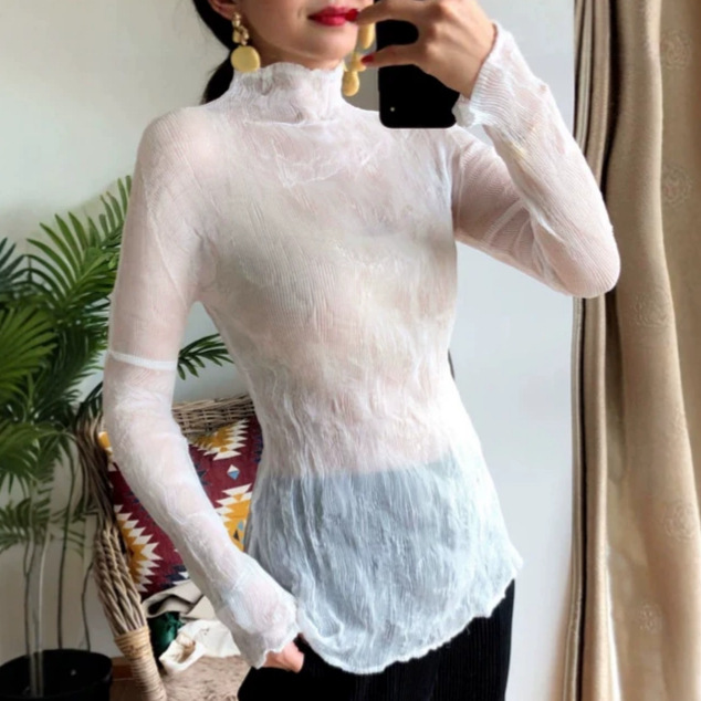 Customized pleated solid color spliced sleeve designer sexy versatile high-end round neck sheer T-shirt