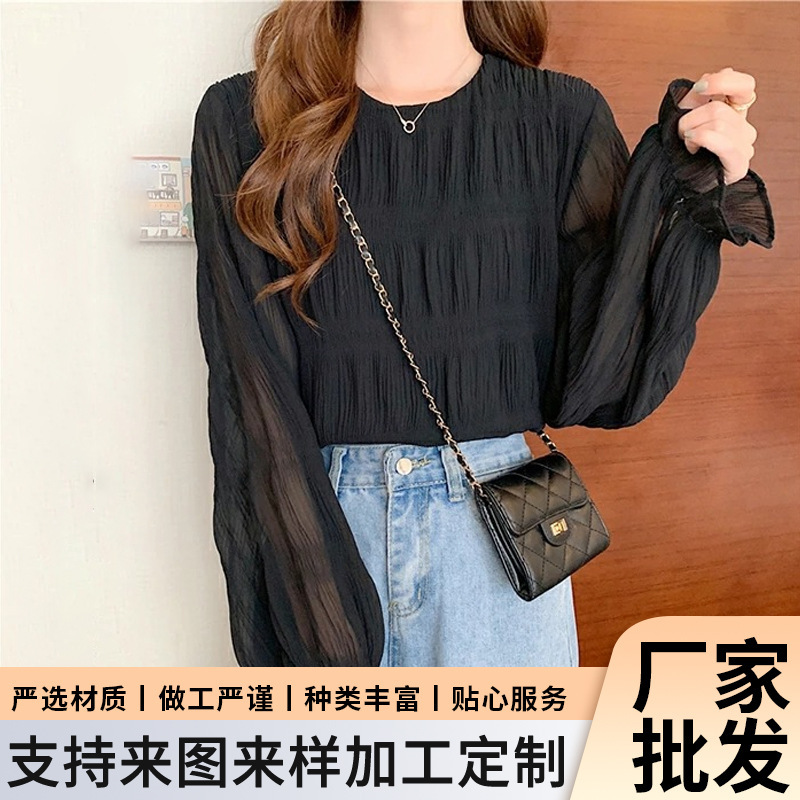 2023 Spring New High Collar Chiffon Shirt Japanese Solid Color Loose Fashion Shirt Lace Base Chiffon Shirt