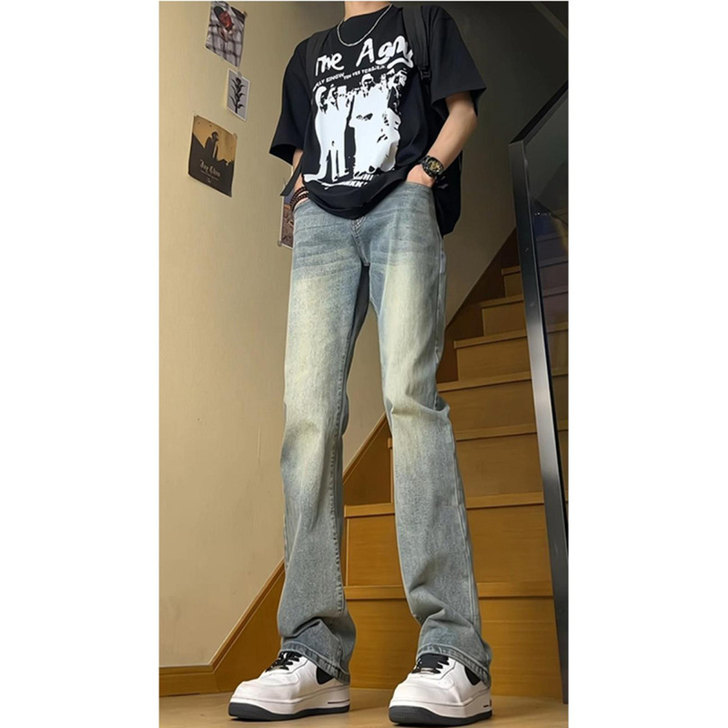 Vintage Blue Jeans for Men, Summer Vibe, American High Street Style, Slightly Flared Pants, Cleanfit, Cool Straight-Leg Pants Vintage Blue Jeans for Men, Summer Vibe, American High Street Style, Slightly Flared Pants, Cleanfit, Cool Straight-Leg Pants