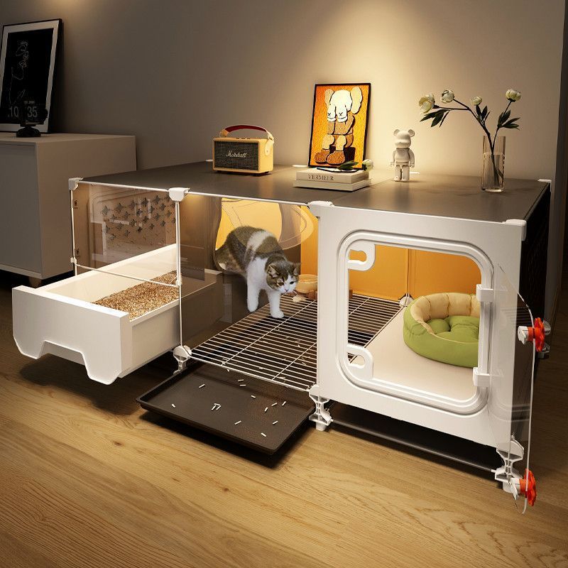 現代的な猫用ヴィラ、引き出し式家庭用トイレ一体型、室内自由組み立て、ワンルームワンリビング家庭用猫ケージ|undefined