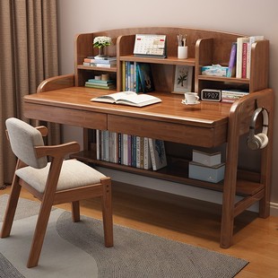 Solid Wood Desk and Bookshelf Integrated Table for Primary and Secondary School Students Household Simple Bedroom Children's Learning Table Liftable Writing Table