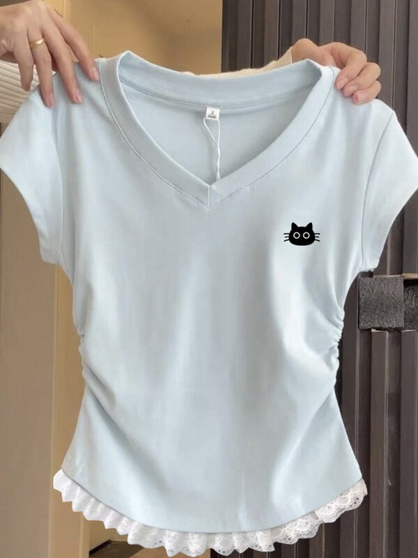 Summer New Popular Korean-Style Sweet Lace Slim-Fit Blouse with Collar and Cinched Waist, Slimming Short-Sleeve Top for Women Summer New Popular Korean-Style Sweet Lace Slim-Fit Blouse with Collar and Cinched Waist, Slimming Short-Sleeve Top for Women