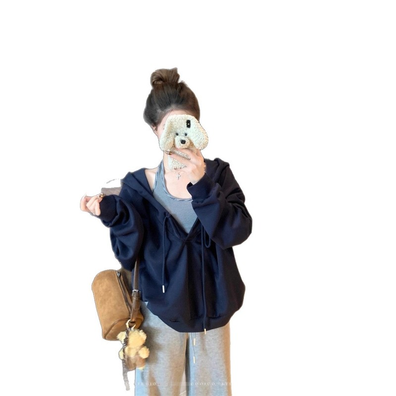 韩系抽褶连帽长袖卫衣女设计感2025秋季新款慵懒风辣妹宽松上衣潮|undefined