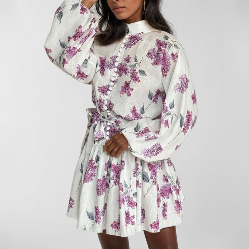 Transfronterizo 2025 primavera Amazon nueva ropa de mujer europea y americana temperamento elegante vestido de cintura con botones estampados image 3