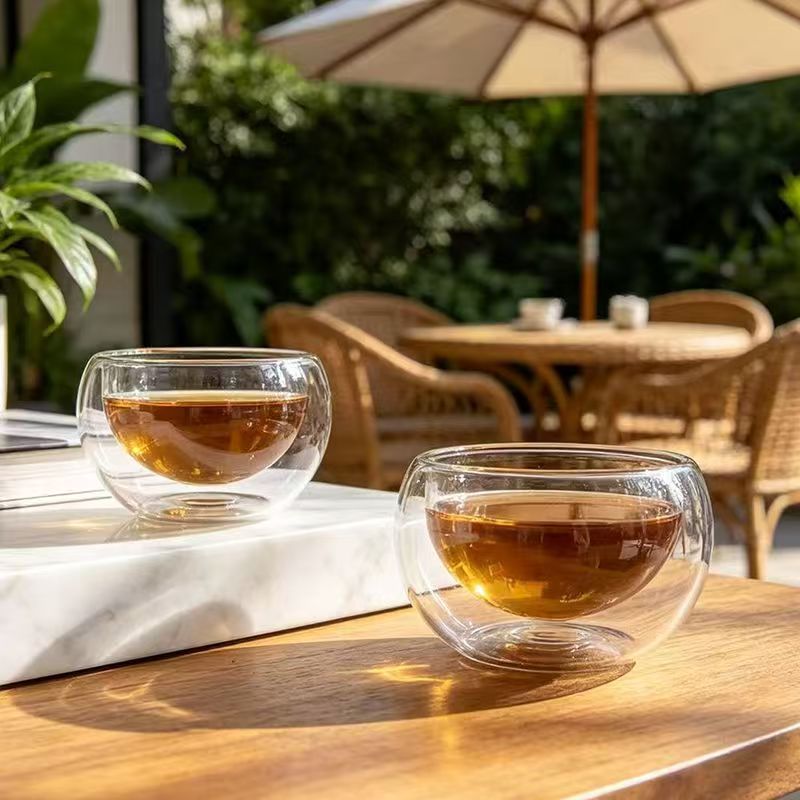 Taza de té pequeña de vidrio grueso resistente al calor, resistente a altas temperaturas, anti-quemaduras, taza de té aislada, taza de té de doble capa con diseño floral, juego de té Kung Fu.