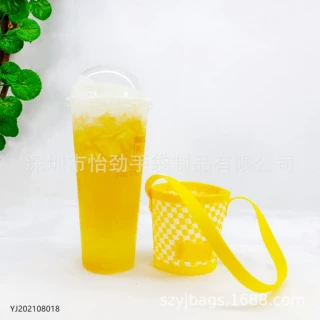 编织料奶茶杯套可乐瓶套可定制LOGO手提式草席纹饮料袋