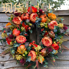 跨境新款感恩节南瓜花环Fall Peony and PumpkinWreath母亲节装饰