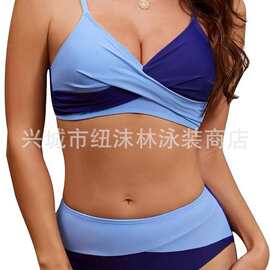 比基尼女2025亚马逊拼色V领沙滩温泉分体泳衣欧美高级感性感泳装