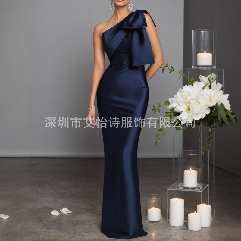 2026 New Deep Blue Satin Evening Dress Elegant Banquet One-Shoulder Slim Fit Slit Long Floor-Length Gown 2026 New Deep Blue Satin Evening Dress Elegant Banquet One-Shoulder Slim Fit Slit Long Floor-Length Gown