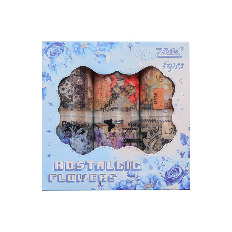 Flores nostálgicas, cinta adhesiva impermeable transparente, caja de bricolaje, pegatinas de diario de cuentas de mano, pegatinas de flores retro transfronterizas