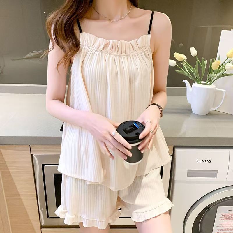 クロスボーダー起爆ストラップショートパンツ2点セットパジャマ女性夏の甘いセクシーな夏の薄い学生の家の服|undefined