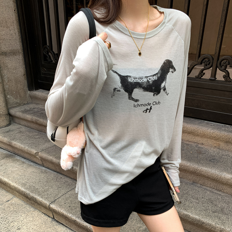 Lazy Style Sun-Protective Tencel Long-Sleeve T-Shirt for Women, Thin American-Style Dachshund Print, Slightly Sheer Round Neck Loose Cover-Up Top for Women