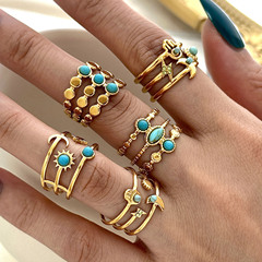 クロスボーダー新しいステンレス鋼リングヨーロッパとアメリカの真空メッキ 18 K ゴールドターコイズムーンスターオープンハンドジュエリー