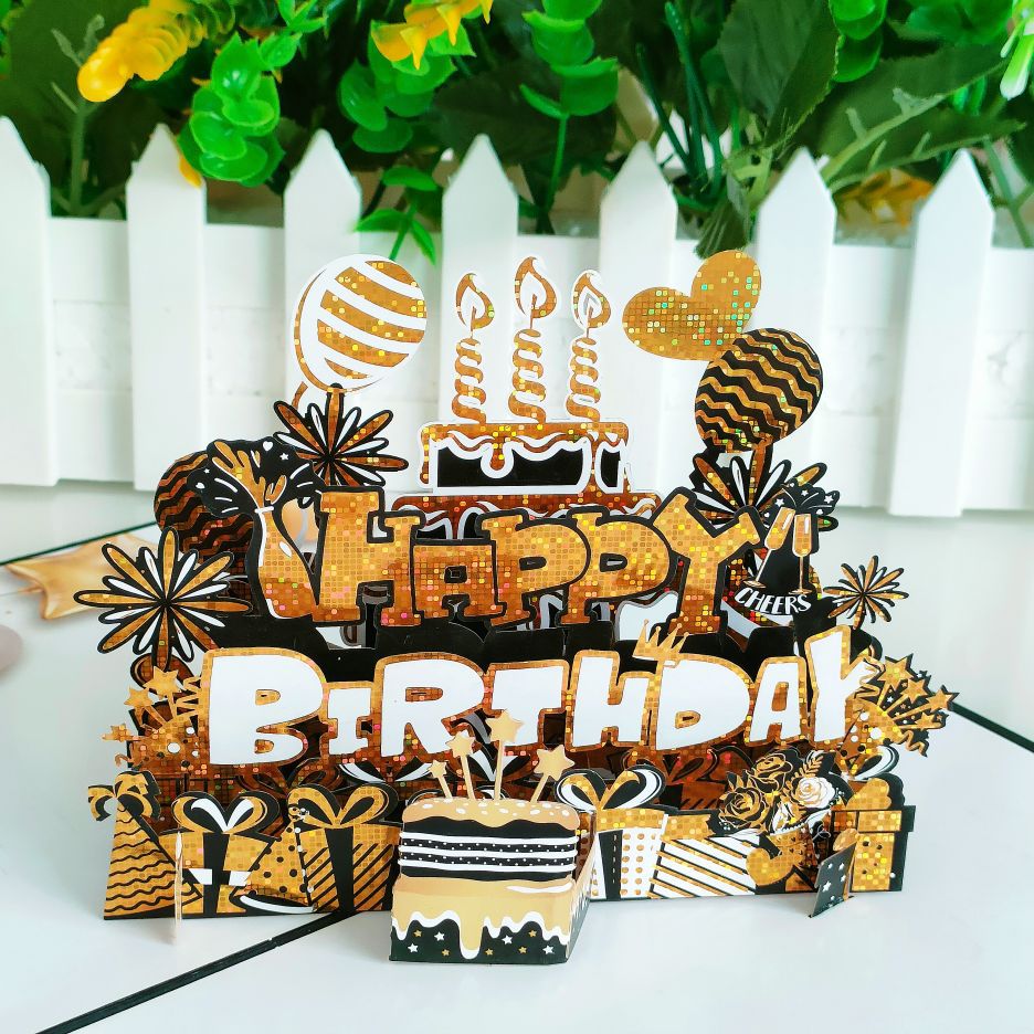 3d生日立體賀卡廠家批發生日賀卡黑金立體賀卡生日快樂可加印logo