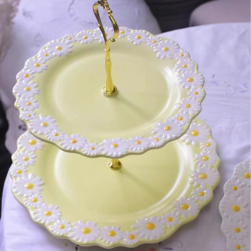 日本式の浮き彫りの皿の小さいデイジーの陶磁器の釉薬の下で色彩の洋食の食器のステーキの皿の果物の小さいケーキのトレーの卸売り|undefined