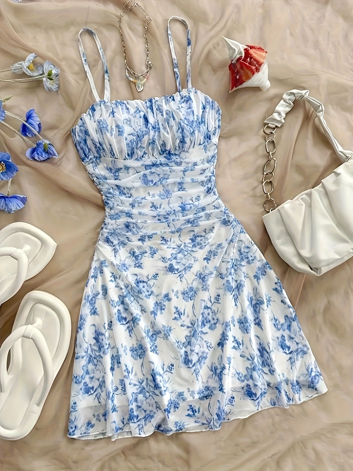 2026 French-Style Floral Spaghetti Strap Dress with Waist-Cinching V-Neck Design, Casual Beach Vacation Dress for Photoshoots at the Seaside