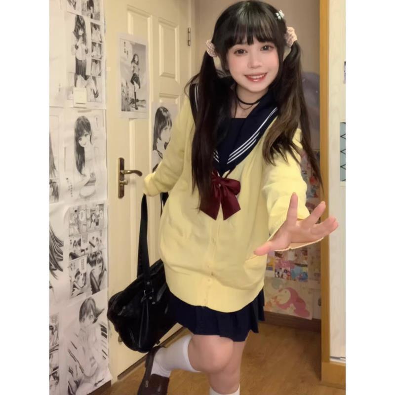 Jk Uniform Suit Autumn and Winter Preppy Style Cherry 33 Years Anime Yellow Sweater Cardigan Jacket Sailor Suit Pleated Skirt