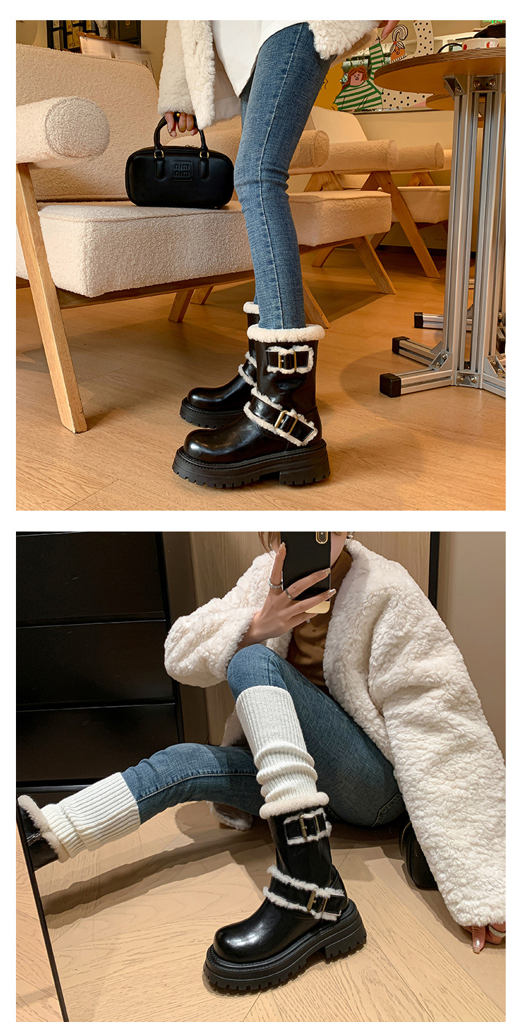 Boot tuyết nữ cổ thấp đế dày phong cách Anh, có khóa thắt lưng, lót lông ấm — màu đen chi tiết 15