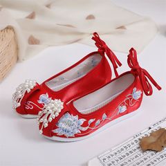 【Manzhu】2023 New Wedding Show Hoopoe Shoes, Beijing Round Head Red Beaded Hanfu Shoes with Fleece and Thickening, Wedding Shoes