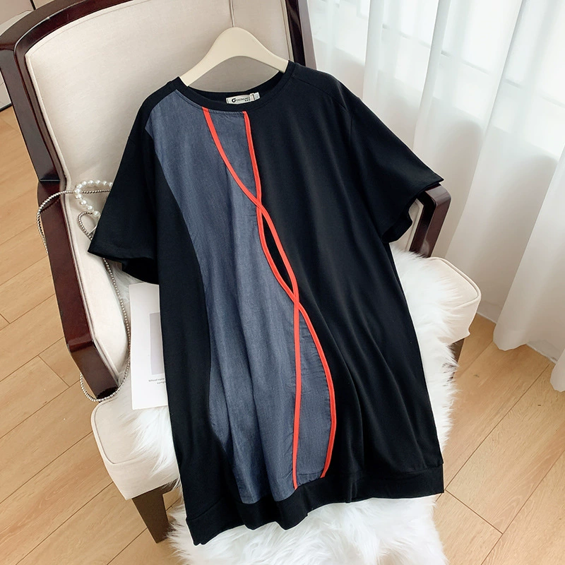 Женская повседневная футболка больших размеров, летняя новинка 100kg года, цветная лоскутная футболка с круглым вырезом и короткими рукавами для полных женщин