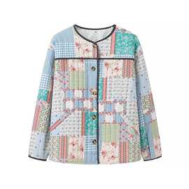 2024外贸跨境欧美女装新款长袖印花拼布棉服棉衣 2218