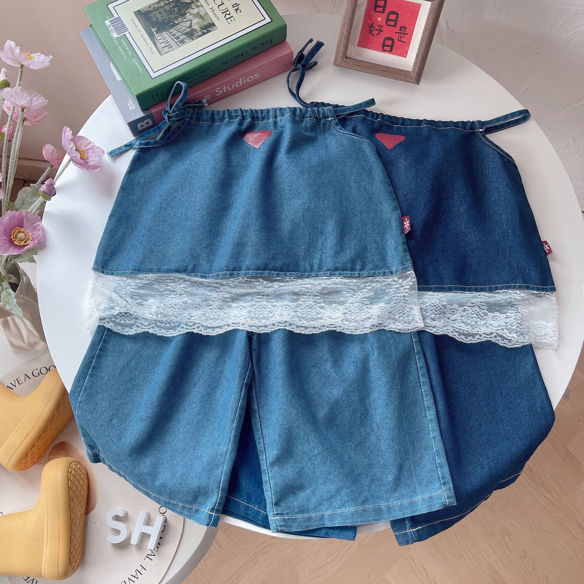 女童套装夏装新款洋气小童宝宝抽绳吊带牛仔短裤夏季两件套薄款
