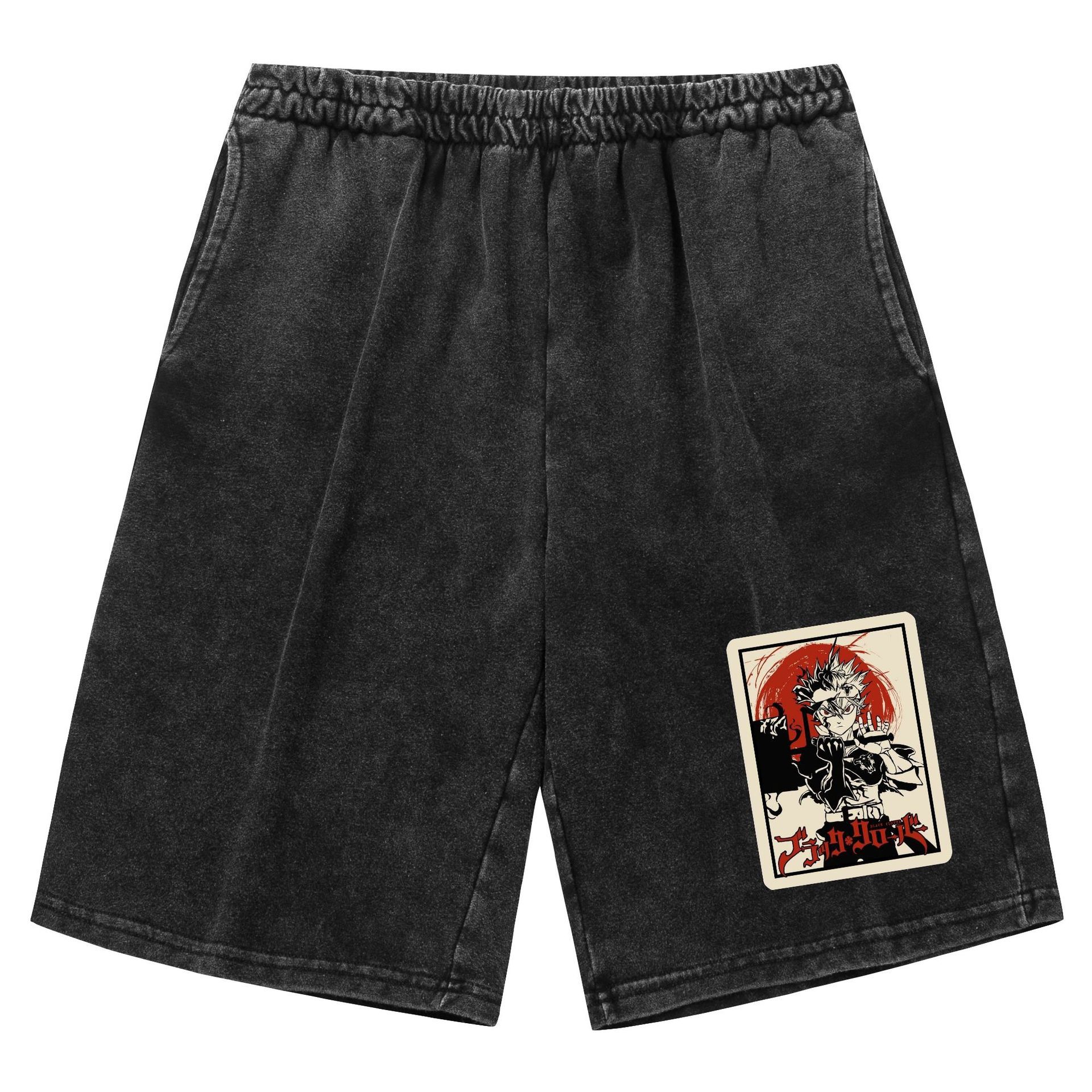 Pantalones cortos retro viejos lavados transfronterizos Trébol de cuatro hojas negro Black Clover venta caliente estampado casual deportes
