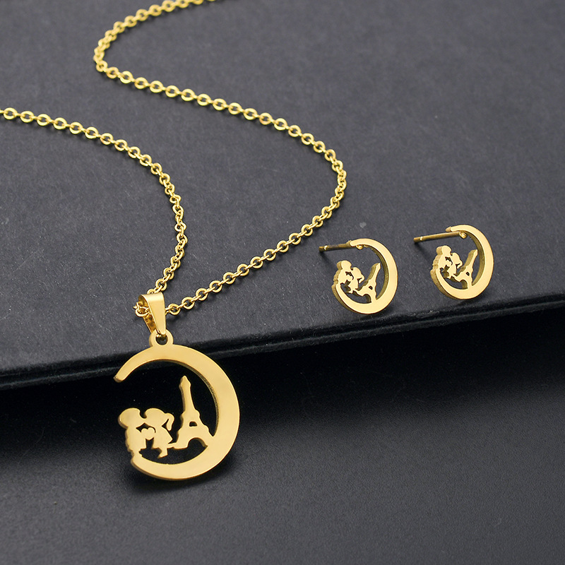 Cute boy girl moon pendant necklace earrings set stainless steel chain set