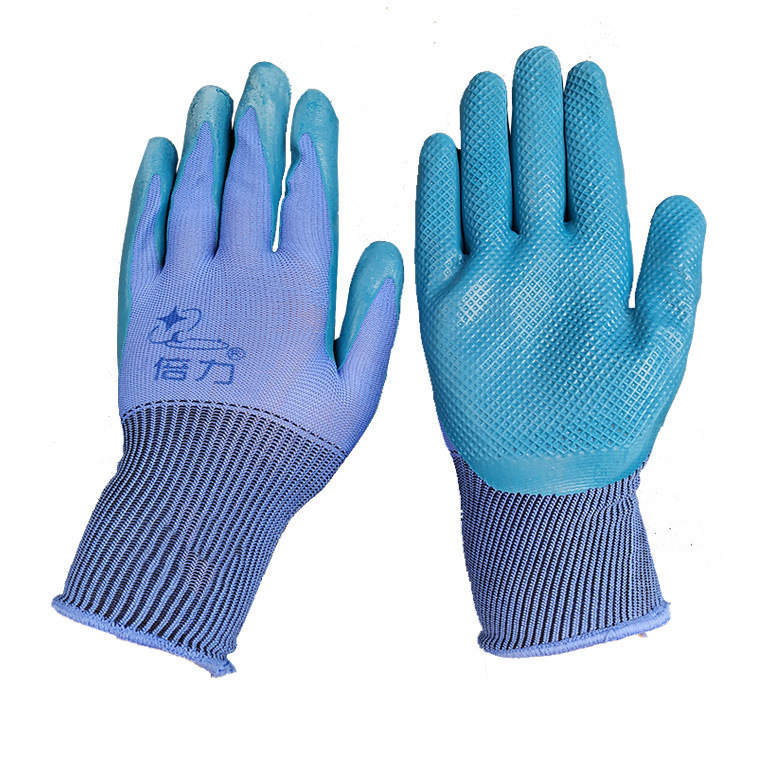 耐倍力蓝纱乳胶压纹平挂手套 防滑耐磨透气浸胶劳保防护手套