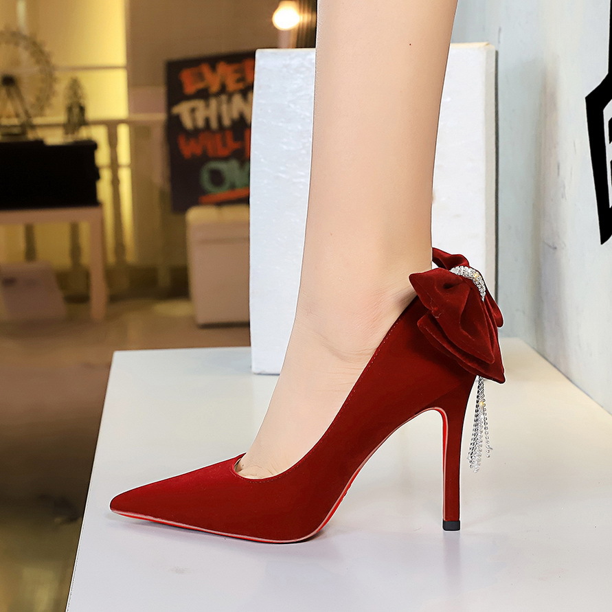 8355-H66 European American Style Fashionable Ultra-high Women's Shoes With Large Bow At The Back, Rhinestone Chain,_vogvips.com