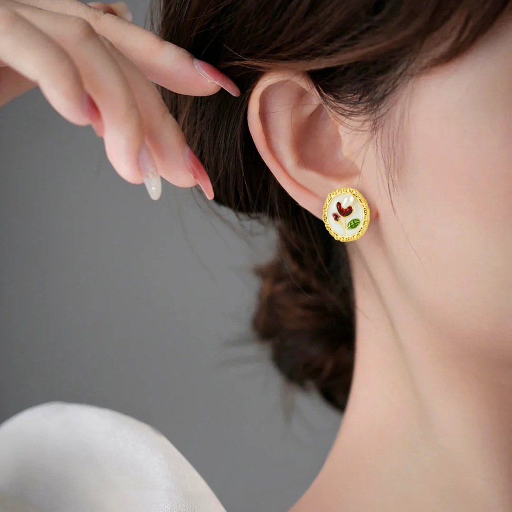 Pintura al óleo medieval estilo moda todo-fósforo pintura de perlas gotas de aceite pendientes de flores estilo dulce diseño de nicho pendientes mujeres