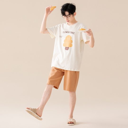 Class A 100% Pure Cotton Antibacterial Men's Pajamas Summer Short-sleeved Shorts Crewneck plus size Cotton Home Wear Men's Suit