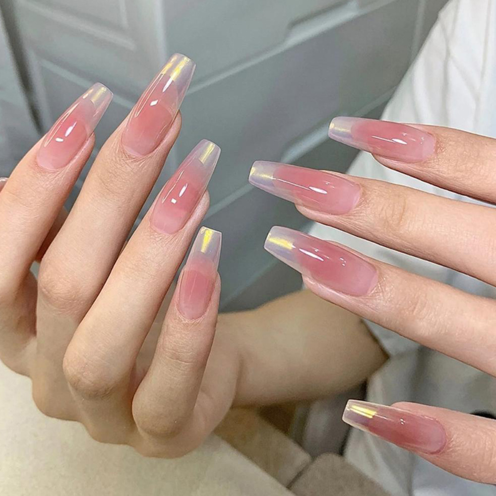 Lleno de espíritu de hada, armadura de vestir de diosa, brillo simple, armadura de ballet larga, uñas blancas transparentes en hielo, uñas postizas