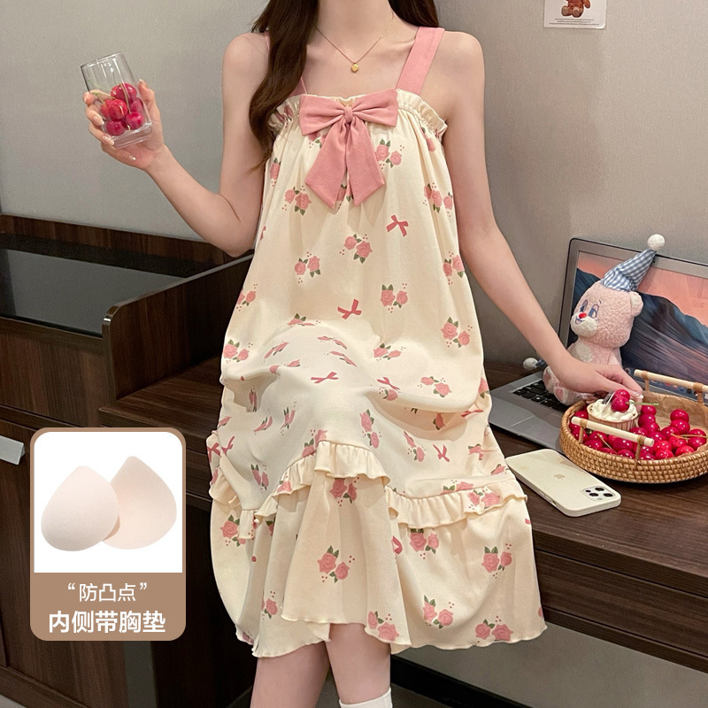 女性用夏パジャマ、胸パッド付きサスペンダースカート、ノースリーブ、ブラジャーなし、ホーム服、学生女の子、甘くてかわいい、薄い|undefined