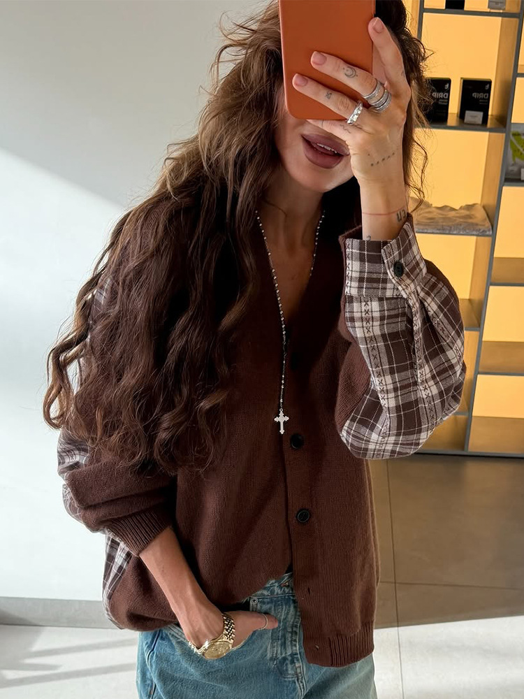 Moda chic casual tejido de lana empalmado atrás cardigan de manga larga estriado 2025 otoño nuevo estilo transfronterizo europeo y americano image 7