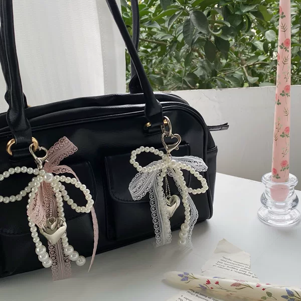 Girl's Heart Lace Pearl Bow Bag Pendant Ins Style Keychain AirPods Accessories Love Pendant