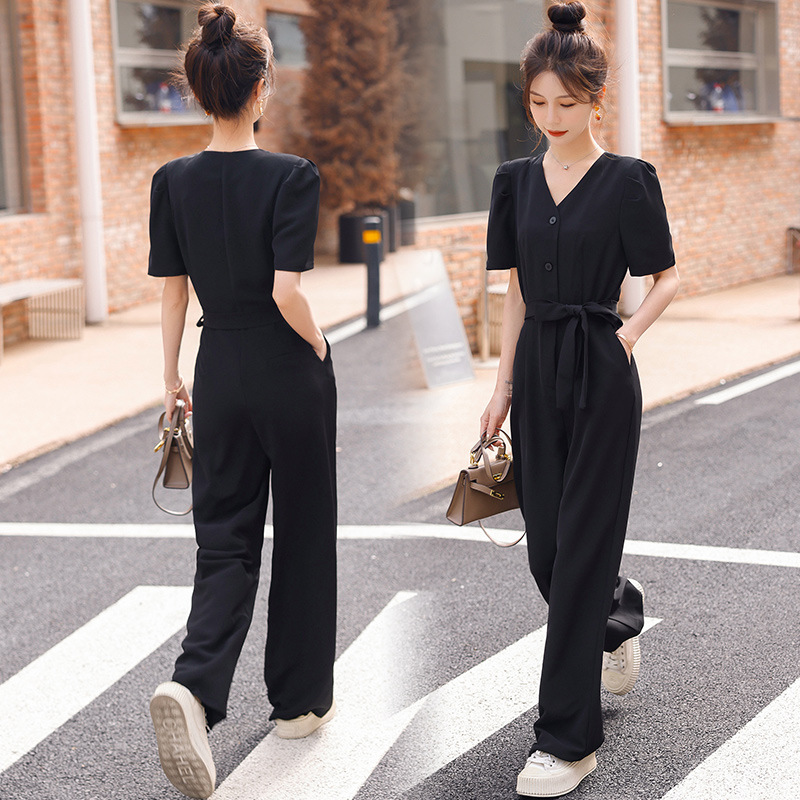 Real Shot Black V-neck Pants Women's Wide Leg Pants Summer Short Korean-style Slimming Drop-off Workwear Pants